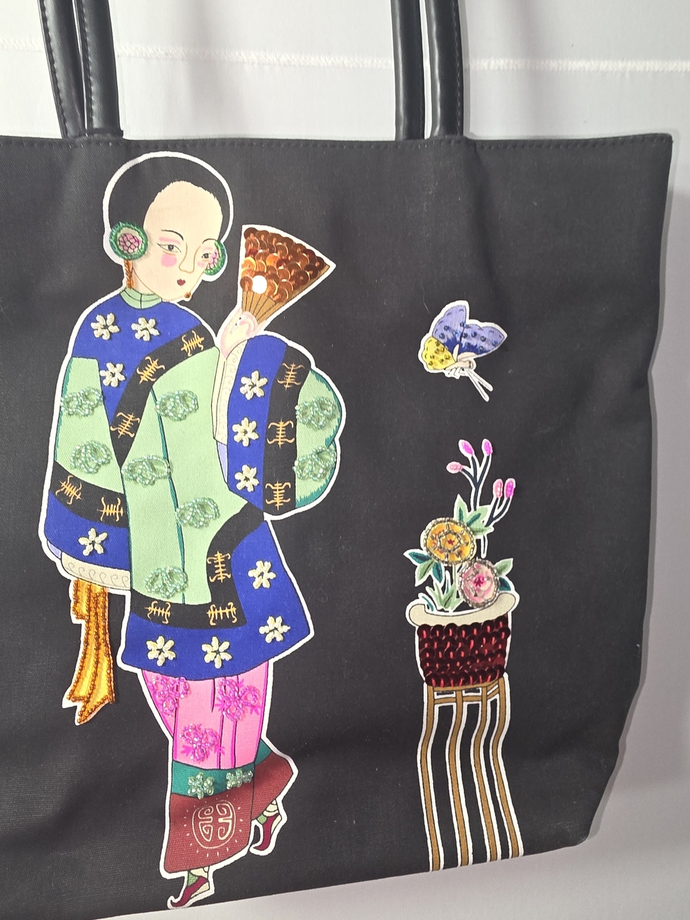 Vintage Bueno Black Fabric Tote Bag with Decorative Asian Motif - Picture 3 of 16
